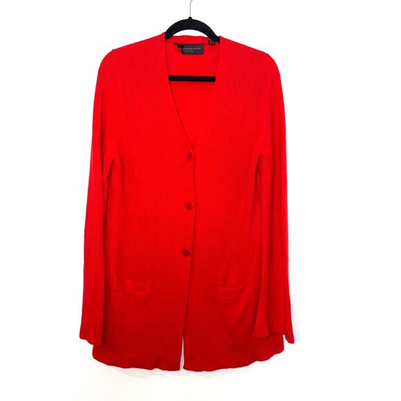 Donna Karan 100% Cashmere Ribbed Cardigan - Red M